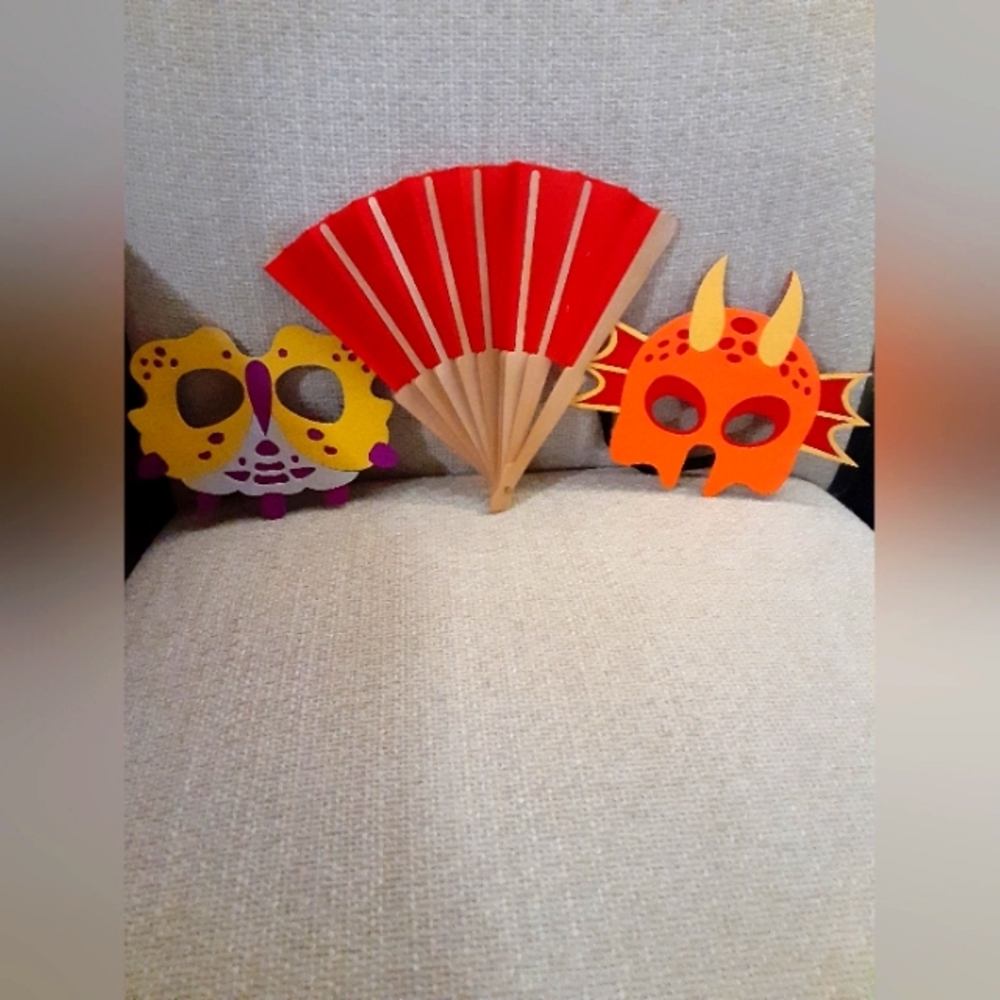 Colorful Masks and Red Fan Set Haloween Newyears Masquerade Party